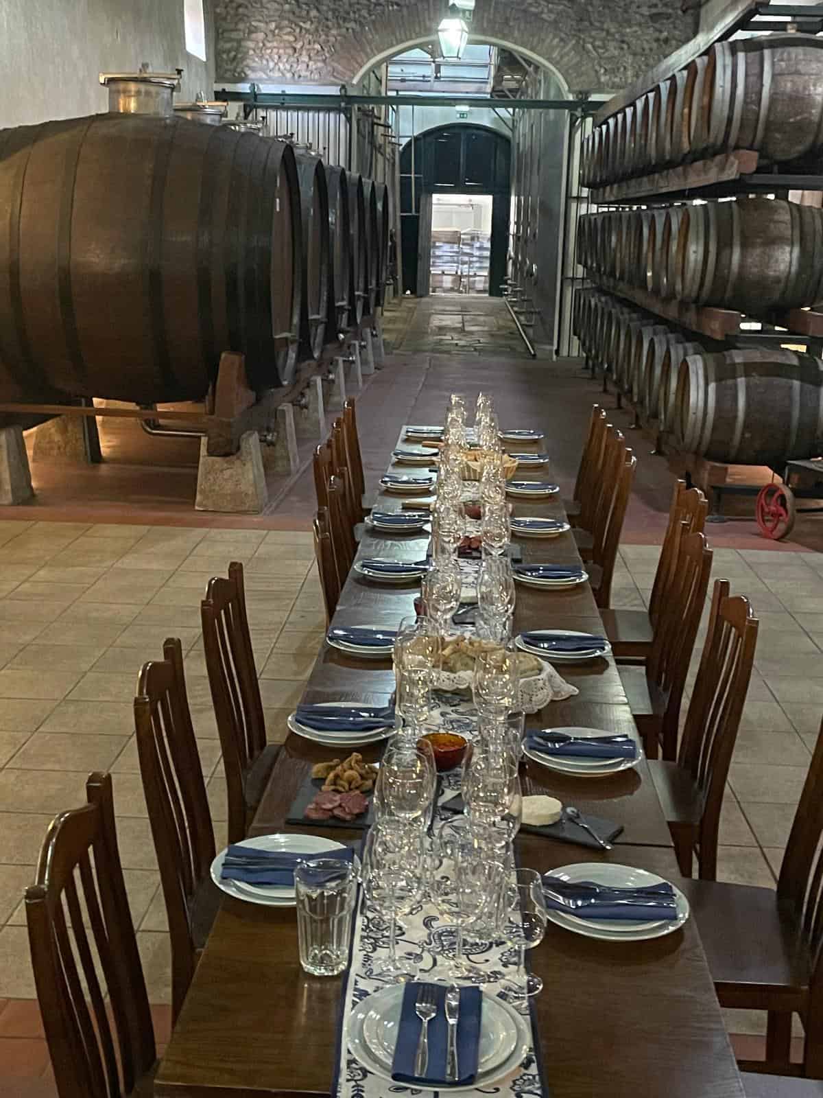 Barrel aged wine cellar with a long dining table set for a meal, surrounded by wooden wine barrels, stone walls, and arched ceiling, showcasing a historic and elegant wine tasting environment.